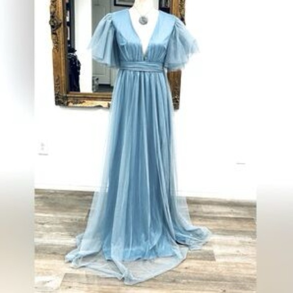 Faeriesty Fairy Dress – Elegant Blue Maternity V-Neck Midi Ruffle Sleeves & Slit - Picture 2 of 16